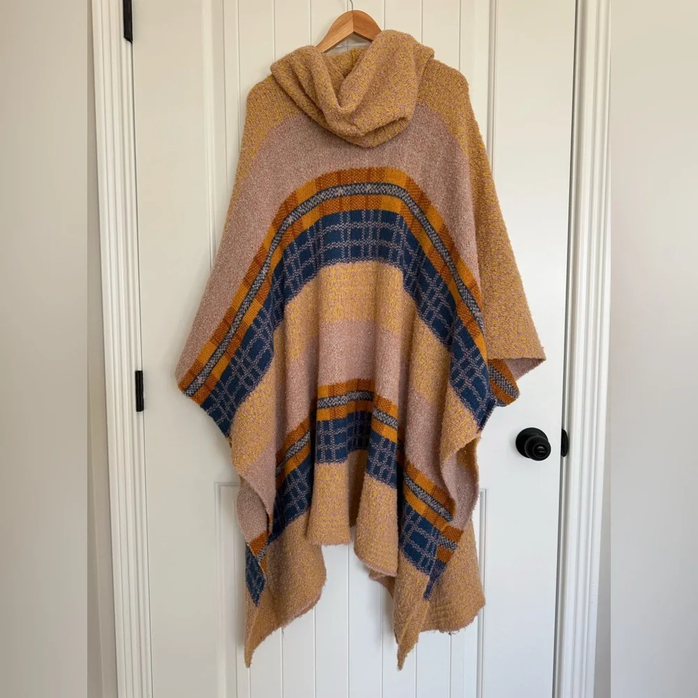 Free People Mercer Hooded Kimono Poncho Bohemian Plaid Stripe Knit Sweater - Picture 6 of 7